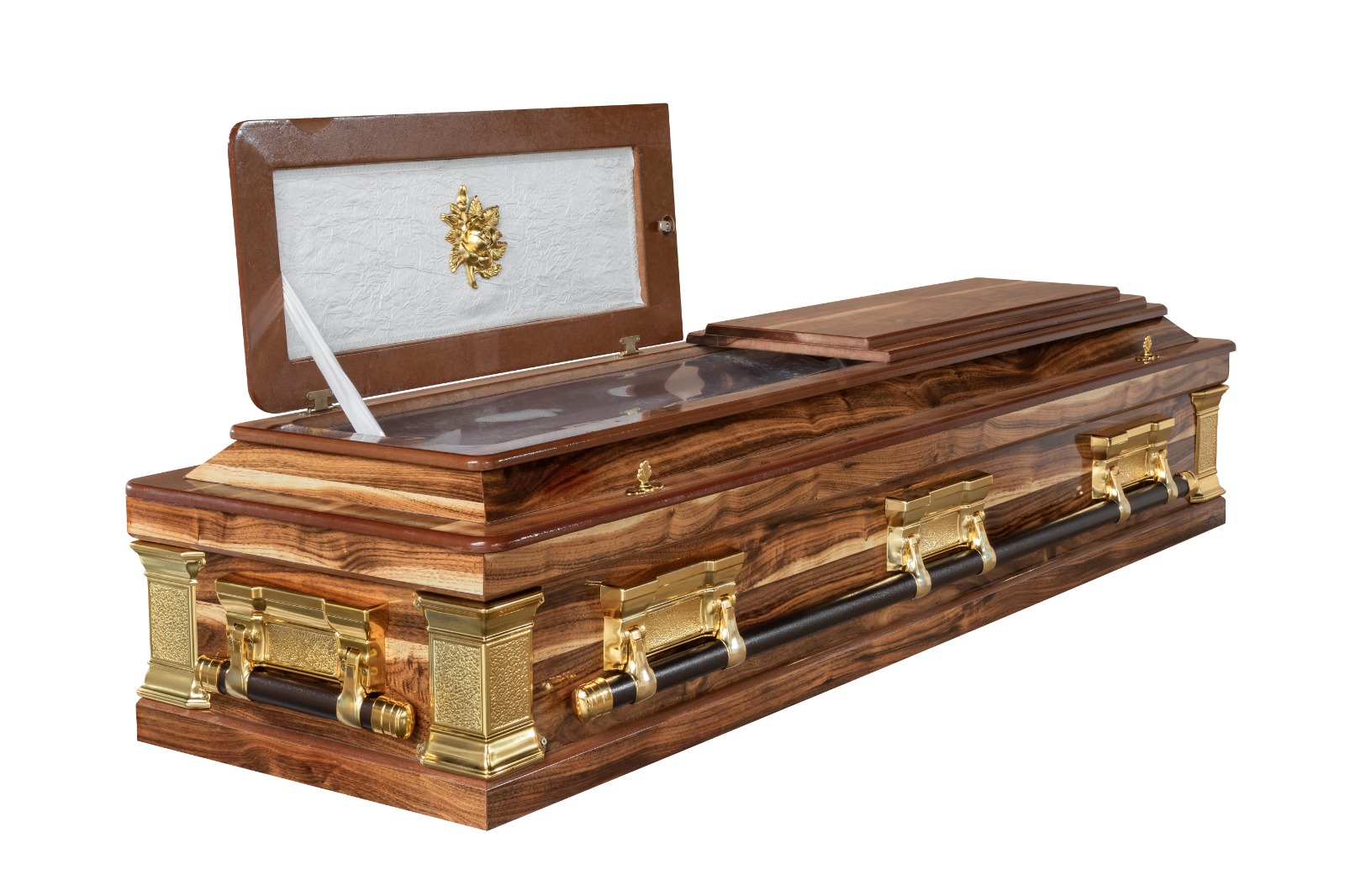Polished burl-finish coffin with brass fittings and viewing panel, open lid