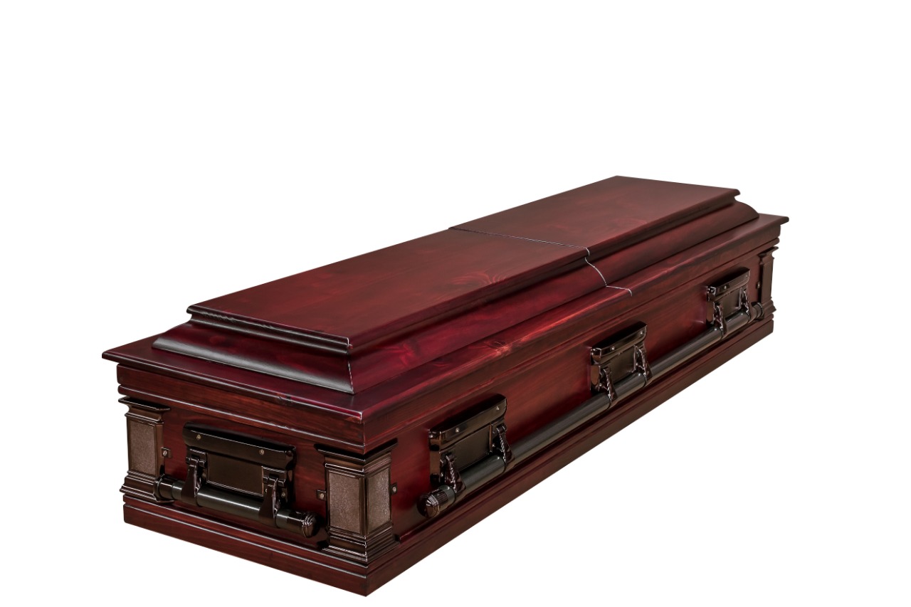 Mahogany-finish coffin, closed lid
