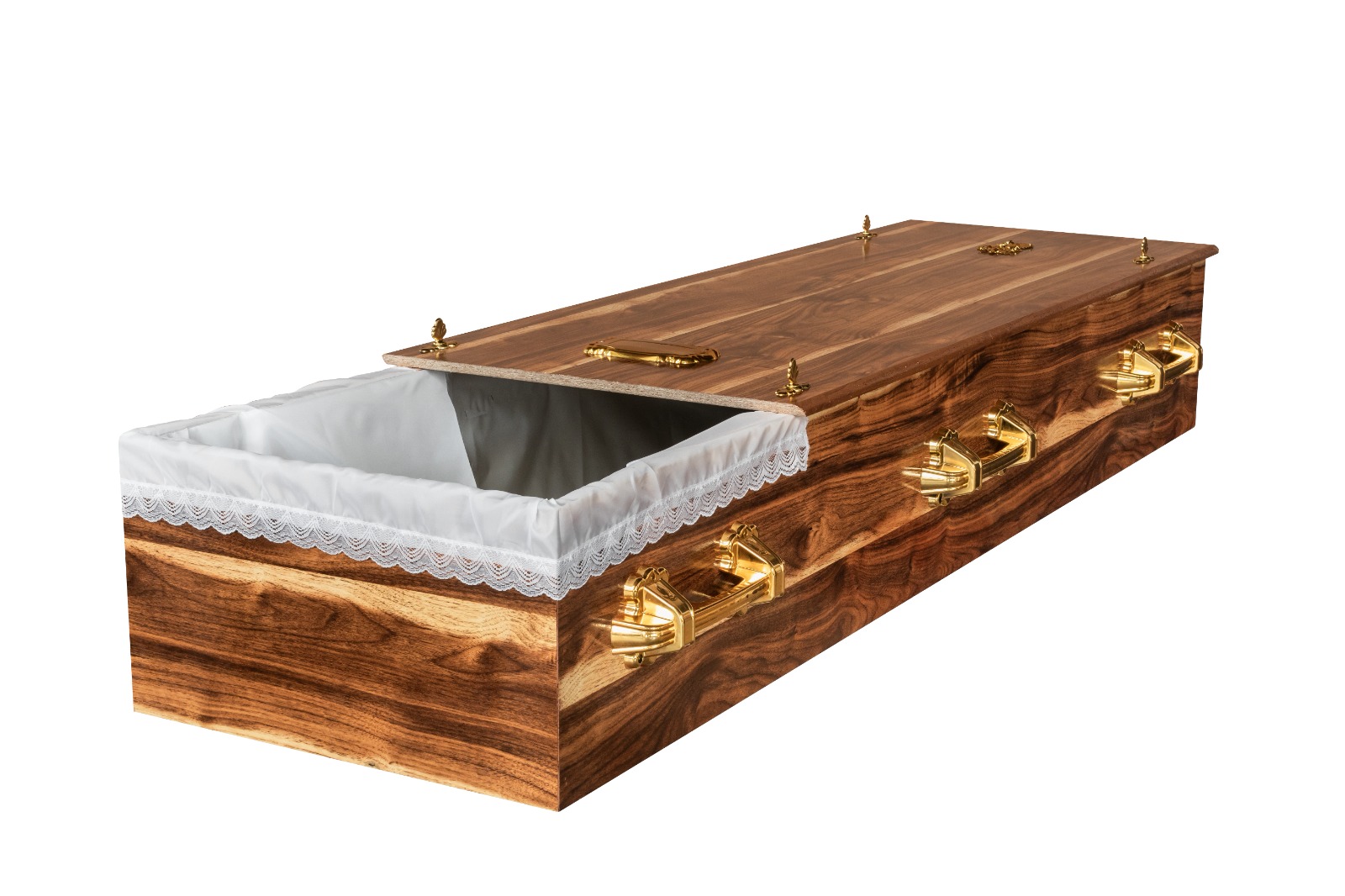 Walnut-finish coffin with satin lace lining, open lid
