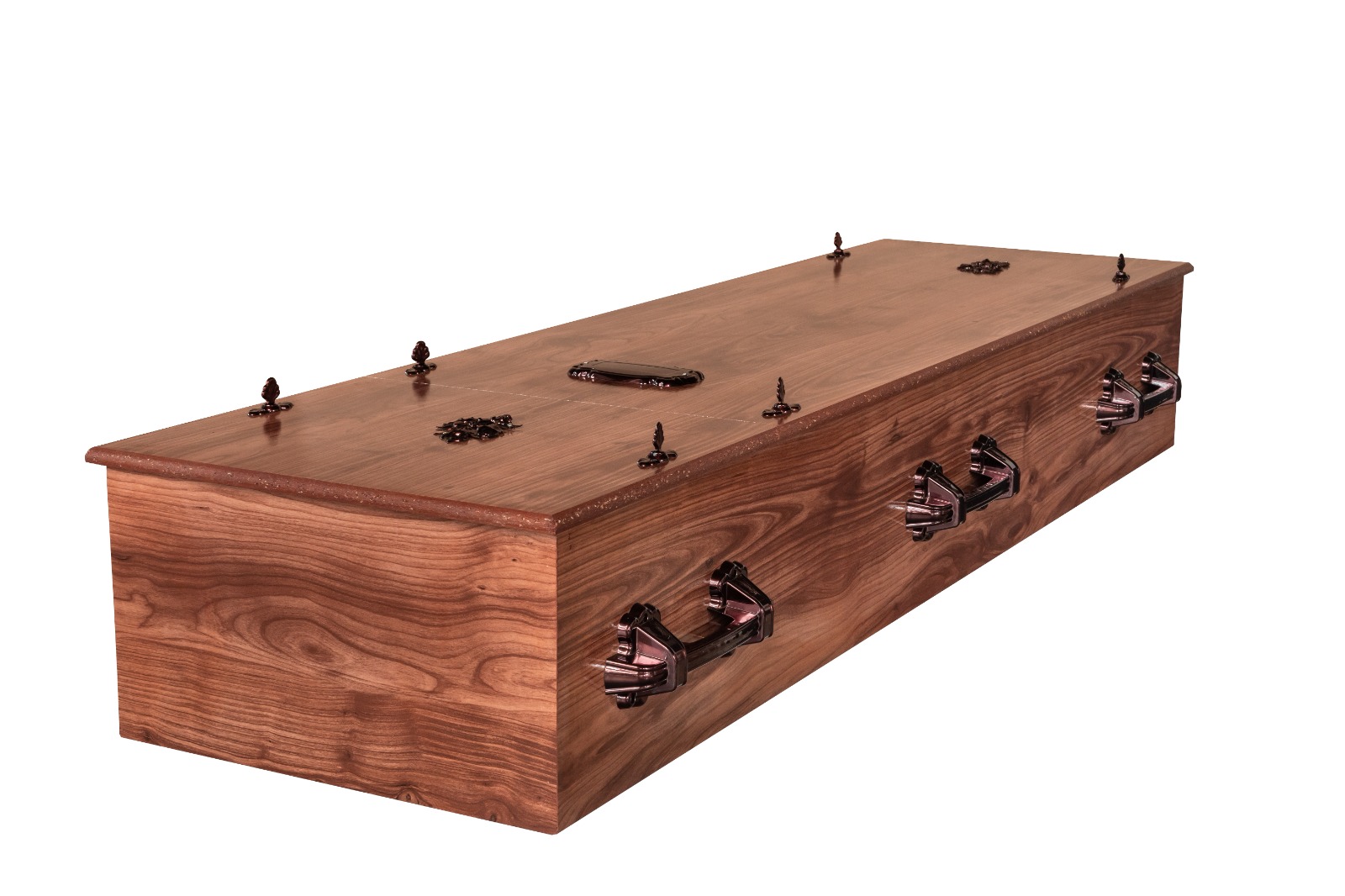 Walnut-finish coffin with brass finials and handles, closed lid